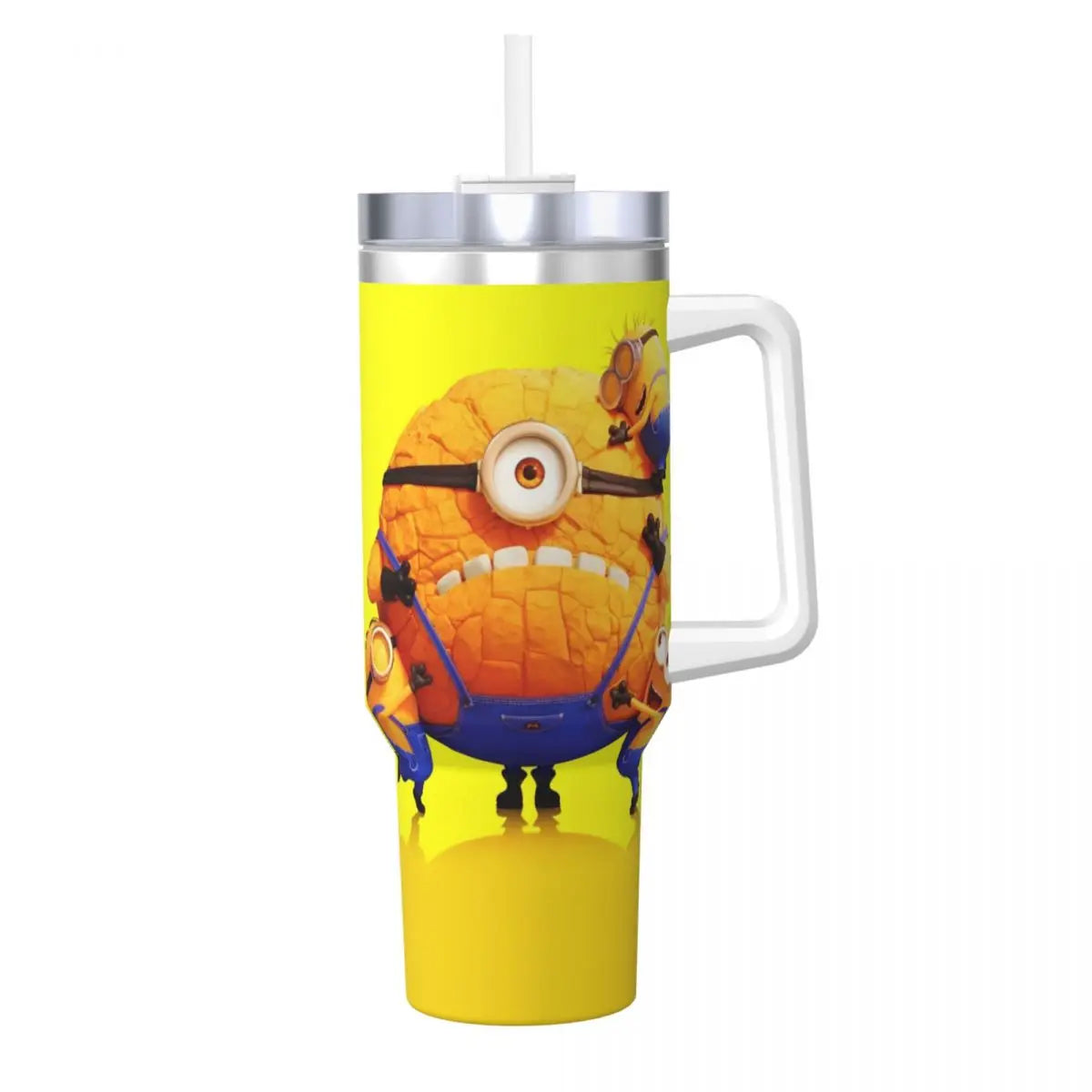 Minions stainless steel tumbler, close-up of character design, with straw.