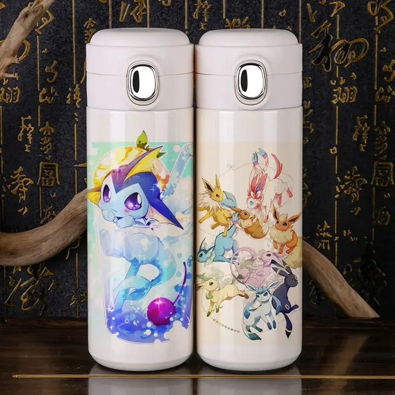 Official Pokemon Water Bottle - Side view, stainless steel, leak-proof lid.