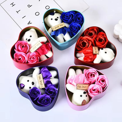 Heart-shaped box with three soap roses and a teddy bear, a perfect Valentine's or Mother's Day gift.