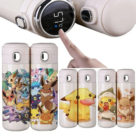 Officially licensed Pokemon Pikachu stainless steel thermos water bottle, featuring Pikachu on a vibrant background.