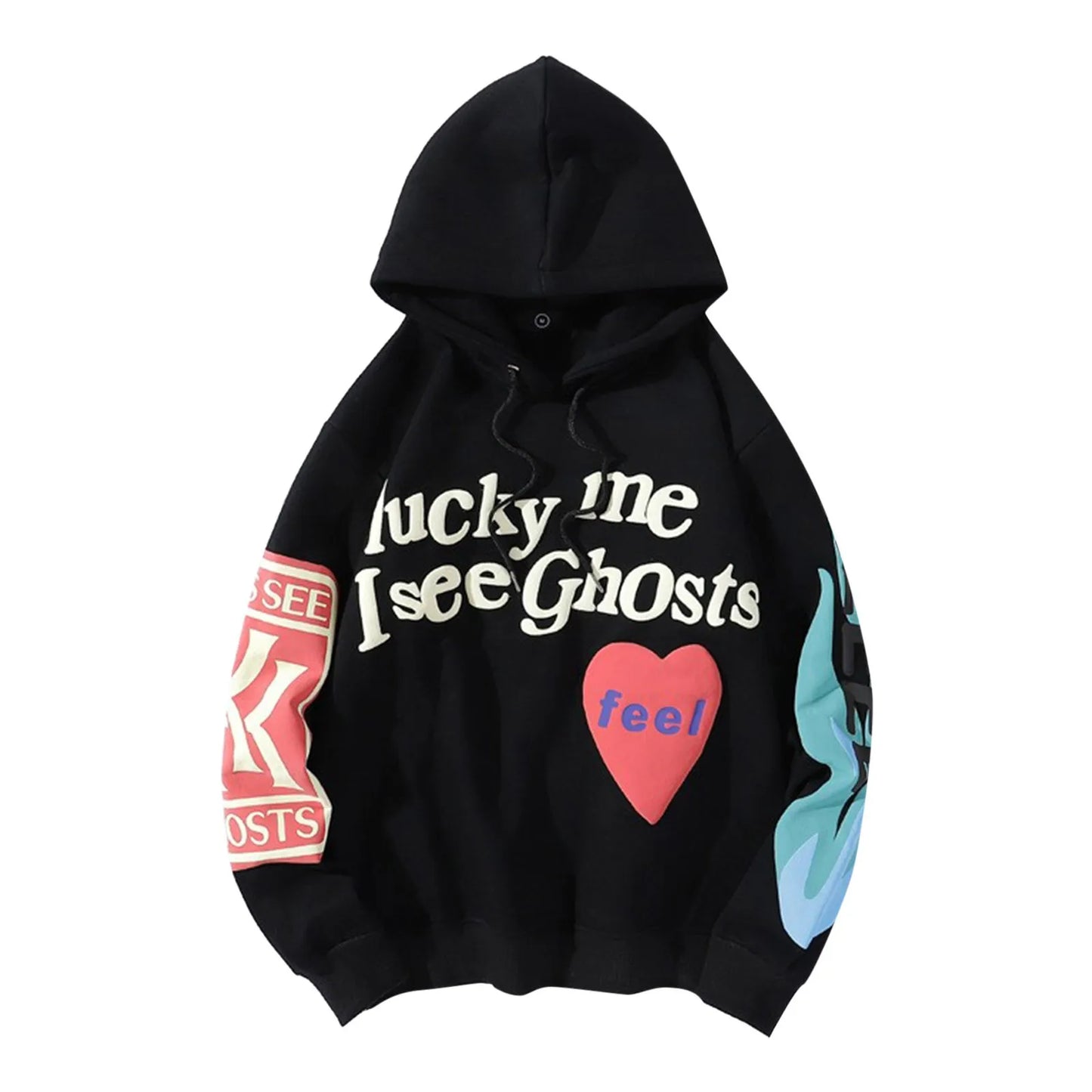 Lucky Me I See Ghosts Sweatshirt - Front View, Lucky Me I See Ghosts Sweatshirt - Back View, Lucky Me I See Ghosts Sweatshirt - Detail View, Lucky Me I See Ghosts Sweatshirt - Close-up View, Lucky Me I See Ghosts Sweatshirt - On Model, Lucky Me I See Ghosts Sweatshirt - Lifestyle View, Lucky Me I See Ghosts Sweatshirt - Fabric Detail