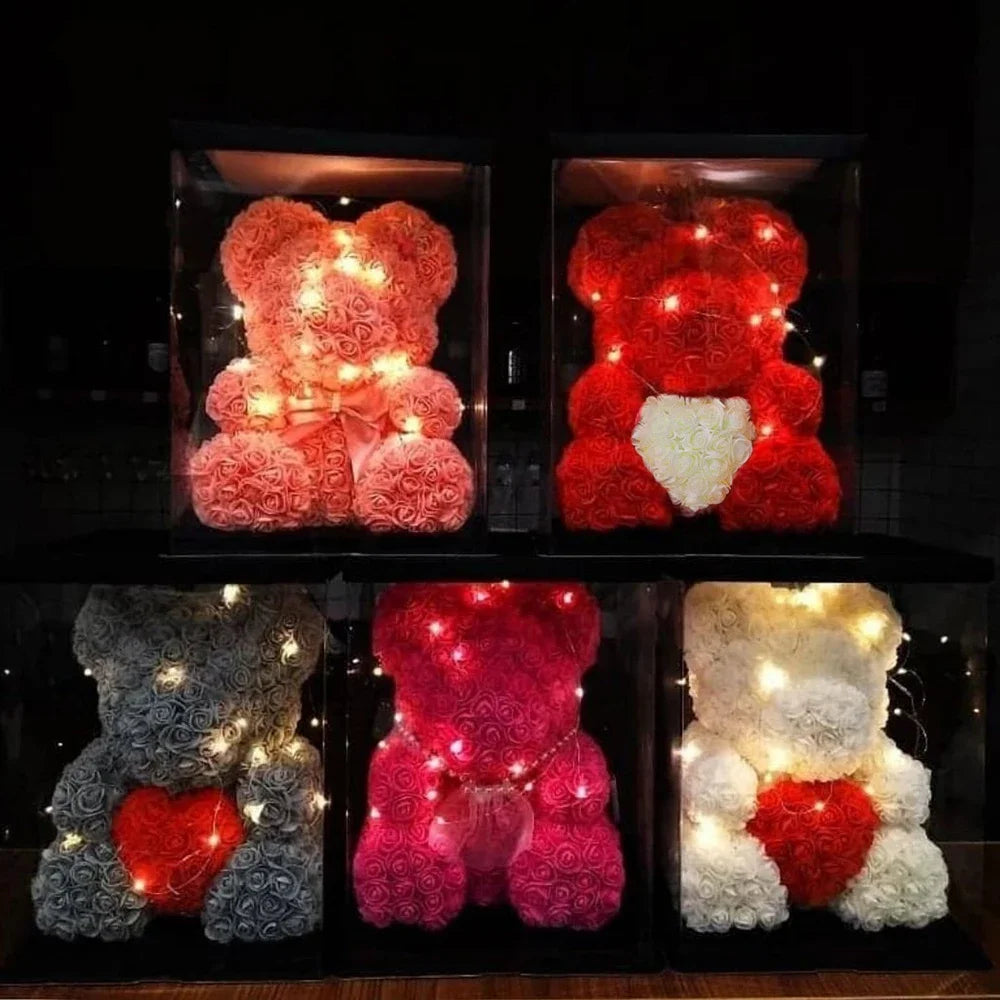 Gift Boxed 25cm LED Rose Bear with artificial flowers, Valentine's Day gift.