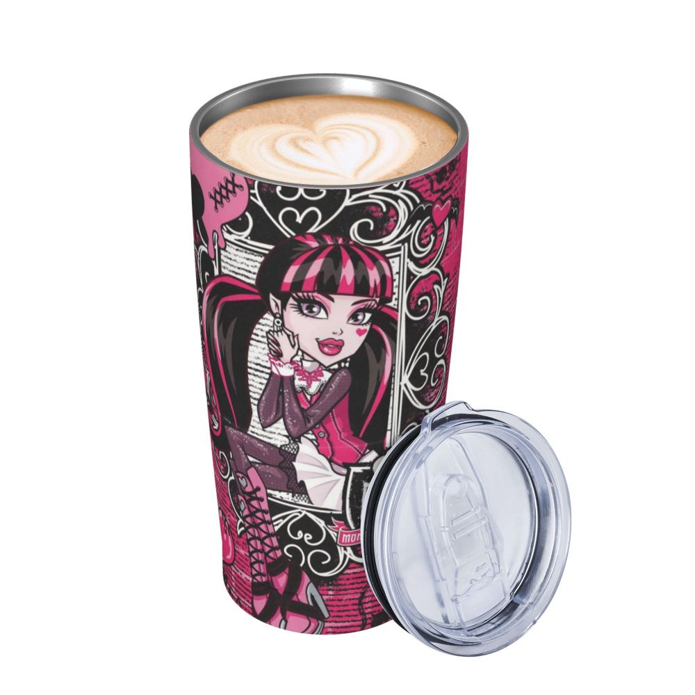 Draculaura themed stainless steel tumbler, 20oz, pink and black, with lid.