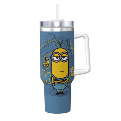 Minions insulated tumbler, top view, showing lid opening and straw, with Minion design.