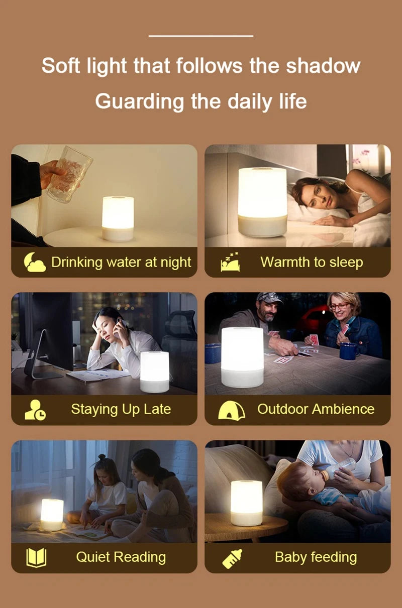 Bedside lamp, touch-activated, soft glow for romantic nights.