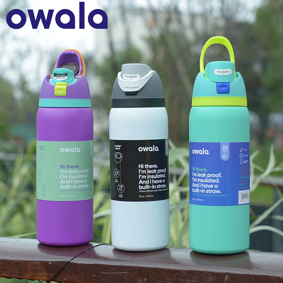 Owala FreeSip Insulated Stainless Steel Water Bottle with Straw in various colors.