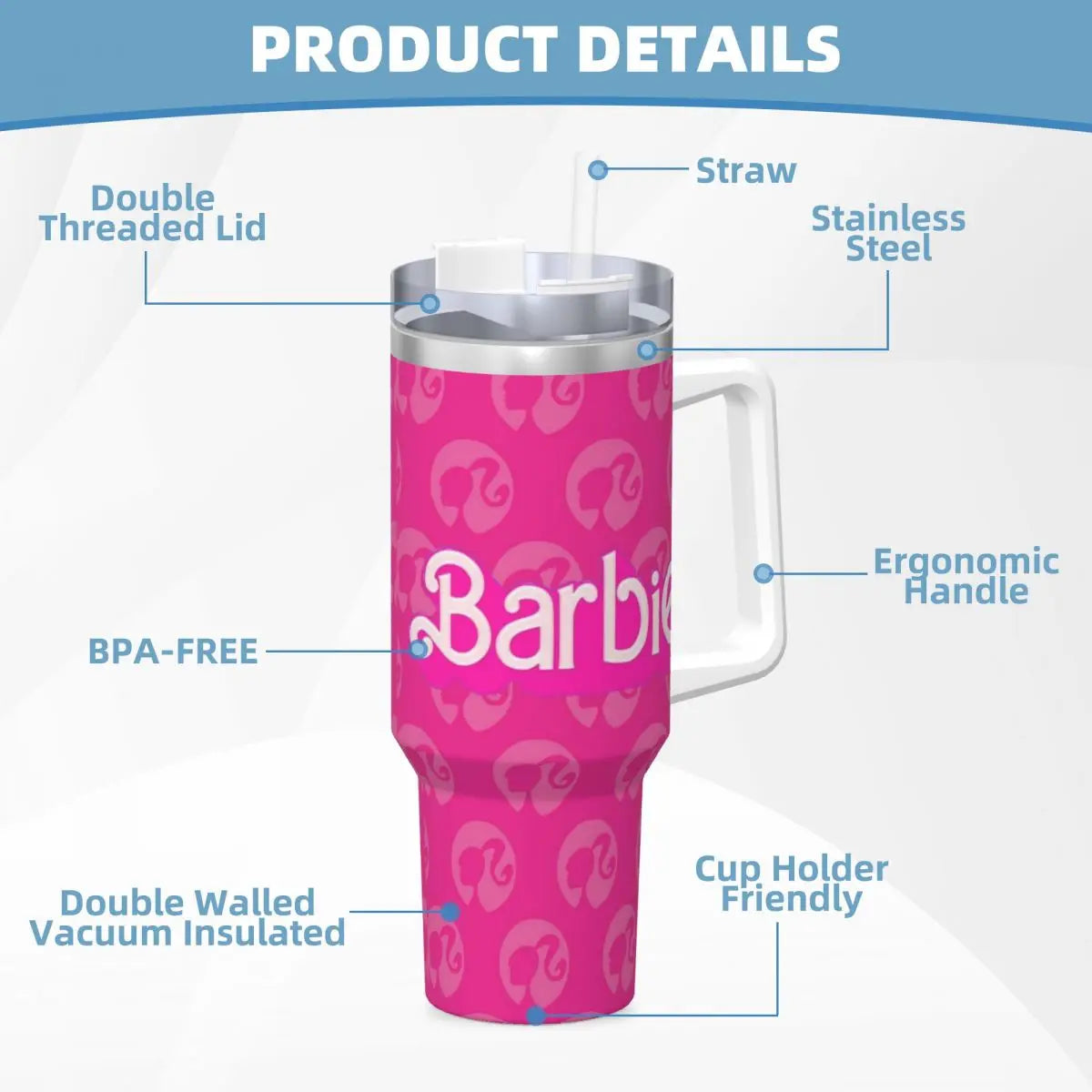 Pink Barbie 40 oz Tumbler, MINISO, Stainless Steel, Insulated, Handle, Straw Included