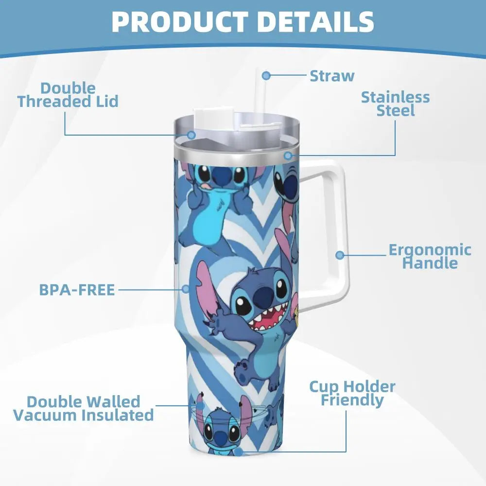 MINISO Disney Stitch tumbler, 40oz capacity, insulated, featuring straw and handle, angled view.