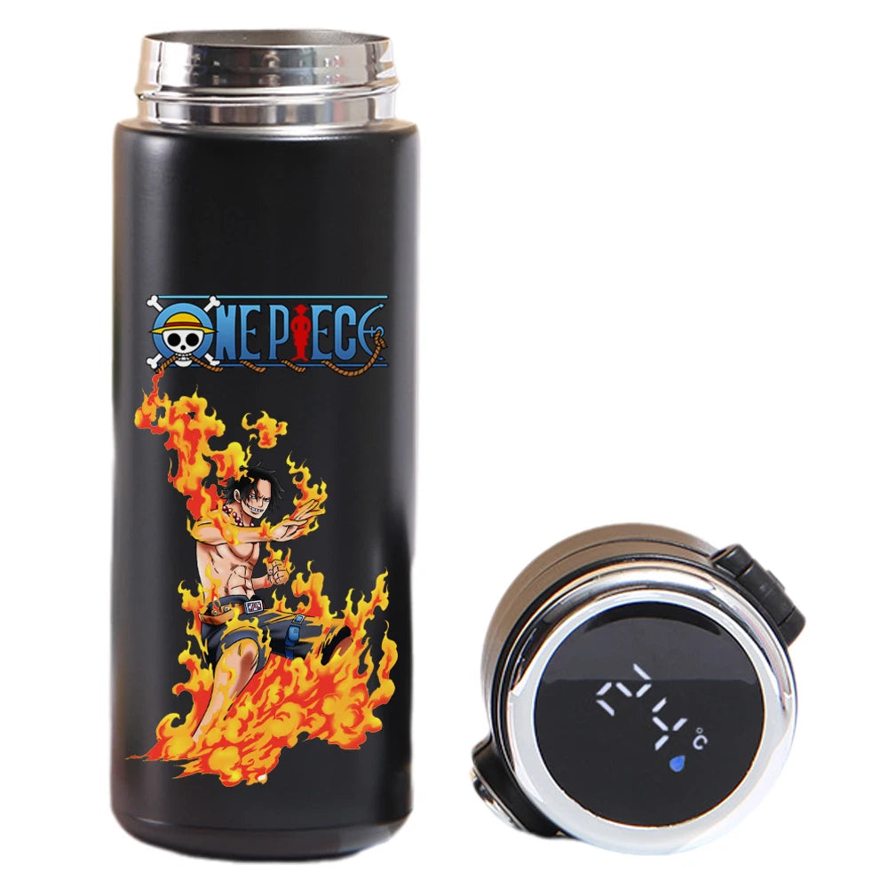 Thermos cup featuring Luffy, Uta, Yamato from One Piece, smart display.