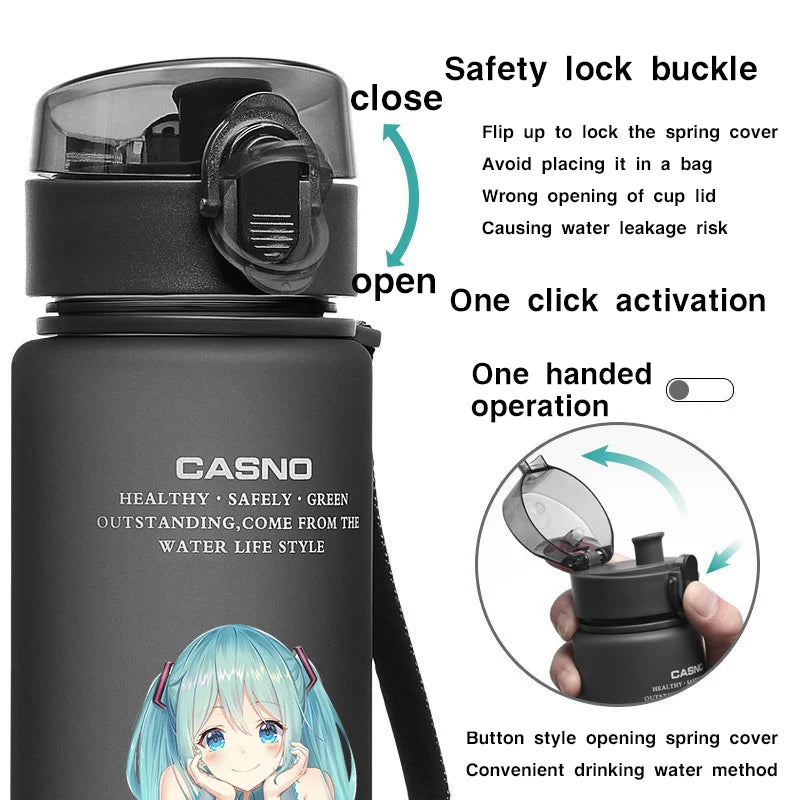 Hot selling Miniso Hatsune Miku cartoon anime large capacity portable plastic sports water bottle cute water bottle beautiful