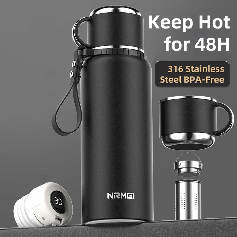 nRMei Stainless Steel Thermos, Temperature Display, Lifting Rope, Tea Filter, Beverages