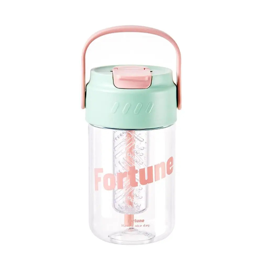 Spill-proof pink water bottle, 600ml, eco-friendly plastic, convenient straw and handle included.