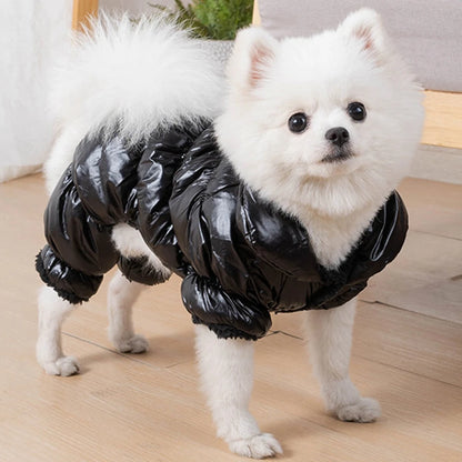 Black puffy winter dog coat with fleece lining, detail view of zipper closure.