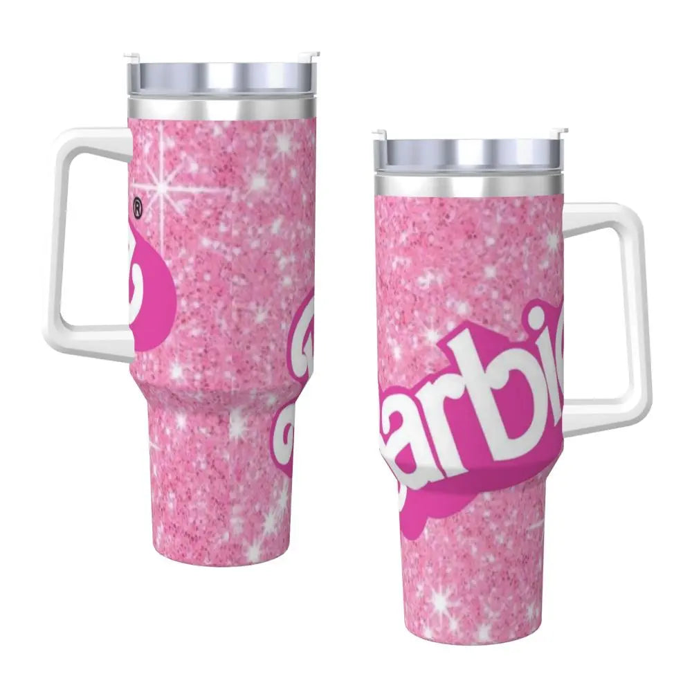 Pink Barbie 40 oz Tumbler, MINISO, Stainless Steel, Insulated, Handle, Straw Included