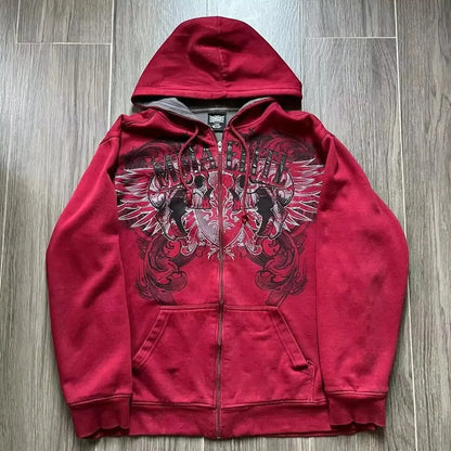 Red Y2K full zip hoodie with skull and snake print, front view, women's.