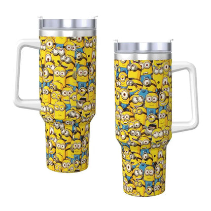 Minions insulated tumbler, top view, showing lid opening and straw, with Minion design.