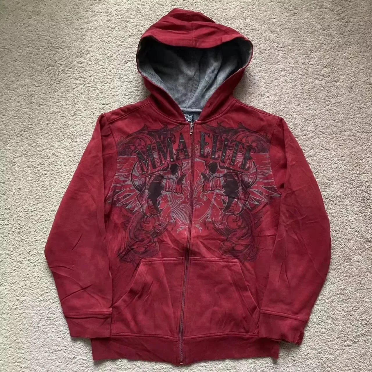 Red Y2K zip-up hoodie, Valentine's Day gift idea, skull print.