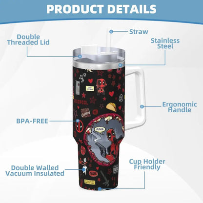 Deadpool Stainless Steel Tumbler with Straw & Lid | Insulated Travel Mug | Hot & Cold Drinks