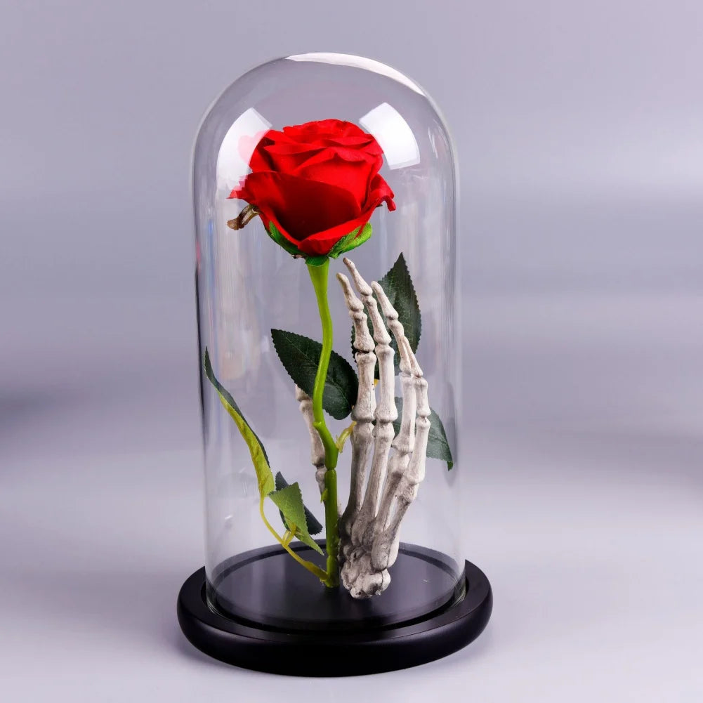 Red eternal rose with LED lights, glass dome, romantic gift for her