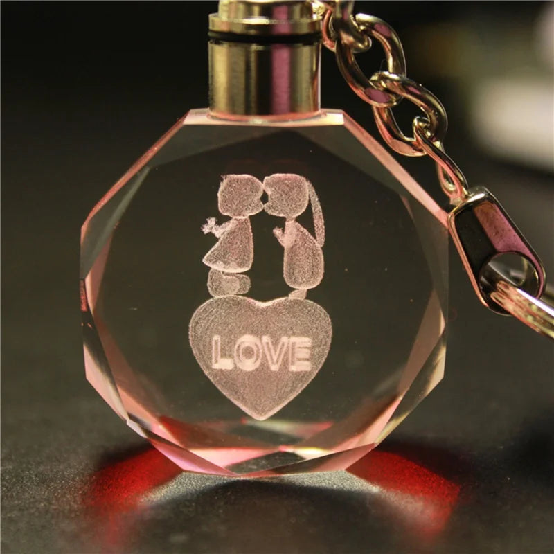 Engraved Crystal Keychain, 3D Heart, LED Light, Valentine's