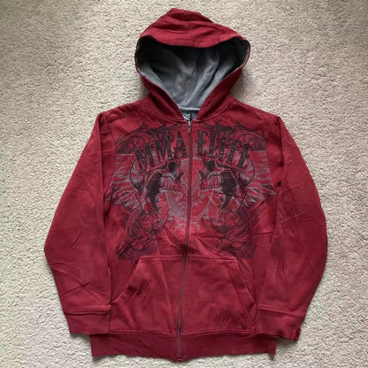 Side view of red Y2K couple hoodie, featuring zipper and hood.