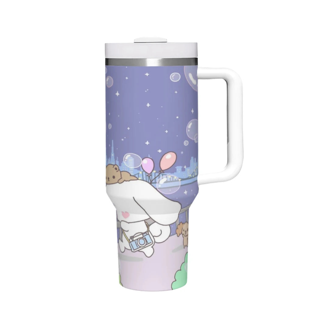 40oz insulated tumbler with Hello Kitty design, handle, straw, stainless steel.