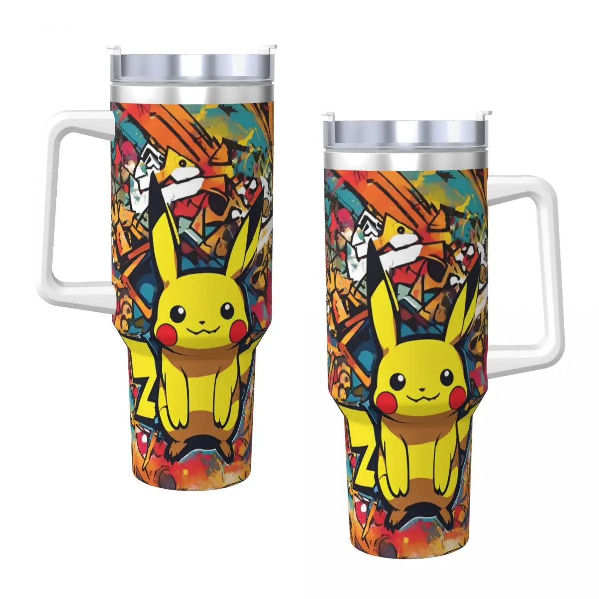 Pokémon Stainless Steel Tumbler with Pikachu and other characters. Close-up showing the straw and lid.Pokémon Insulated Travel Mug ideal for hot and cold drinks.