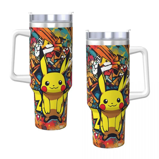 Pokémon Stainless Steel Tumbler with Pikachu and other characters. Close-up showing the straw and lid.Pokémon Insulated Travel Mug ideal for hot and cold drinks.