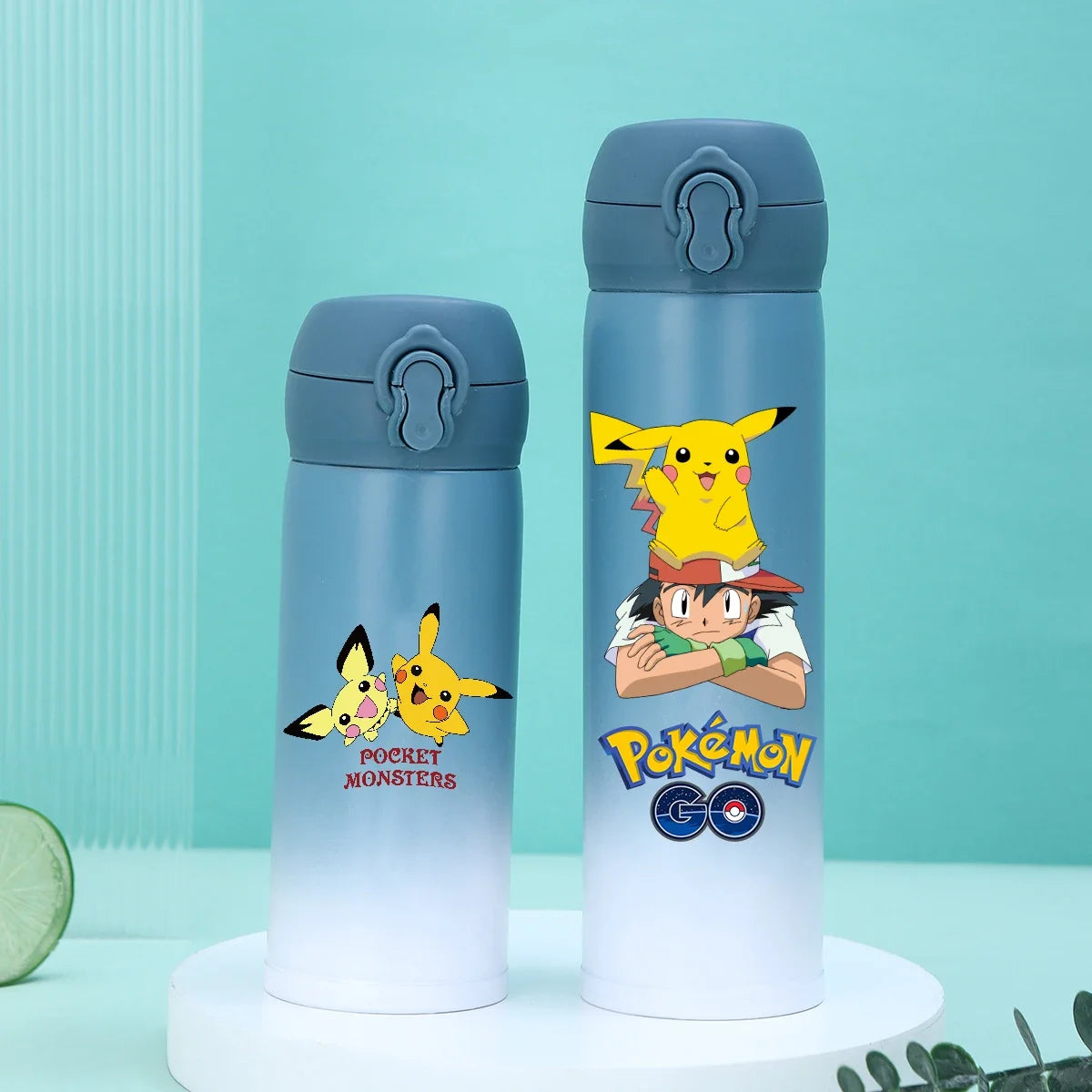 Pokemon anime thermos, green to orange fade, stainless steel.