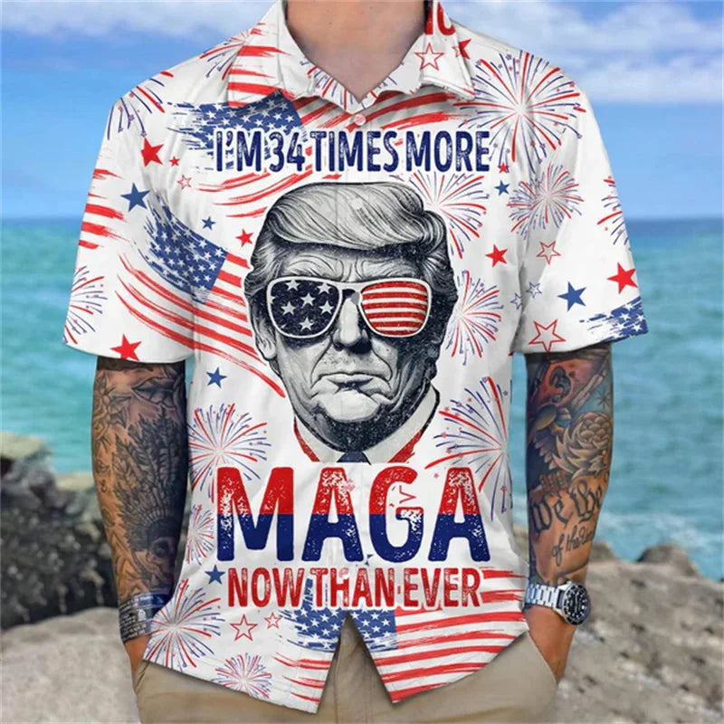 Back view of a humorous Trump T-shirt with a 3D graphic, designed for men.