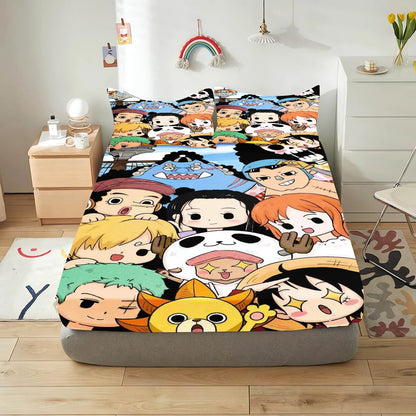 One Piece Luffy fitted sheet set, twin size, showcasing Luffy's iconic straw hat and Jolly Roger symbol.