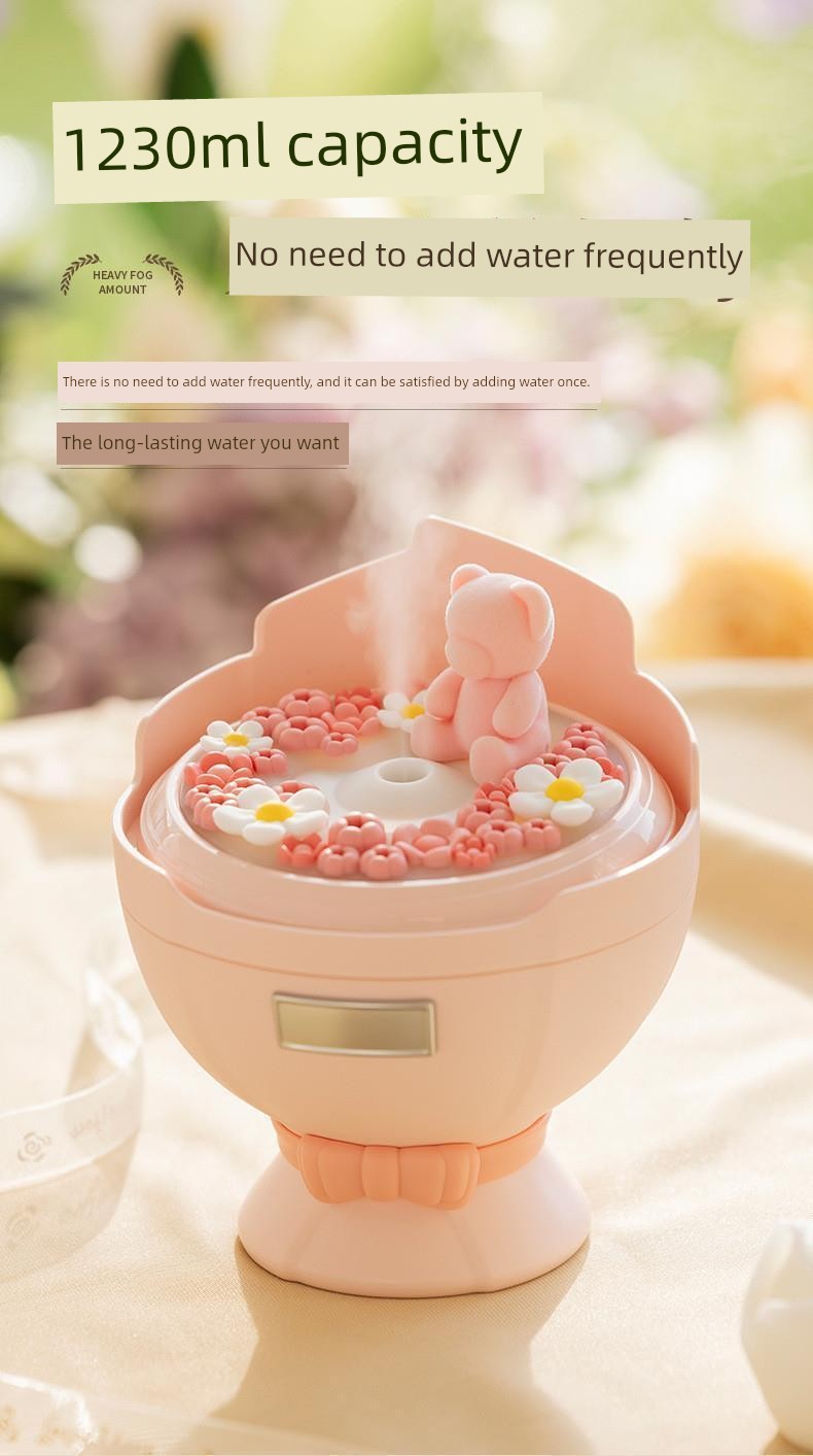 Pink Bouquet Humidifier displaying fine mist output in a bedroom setting.