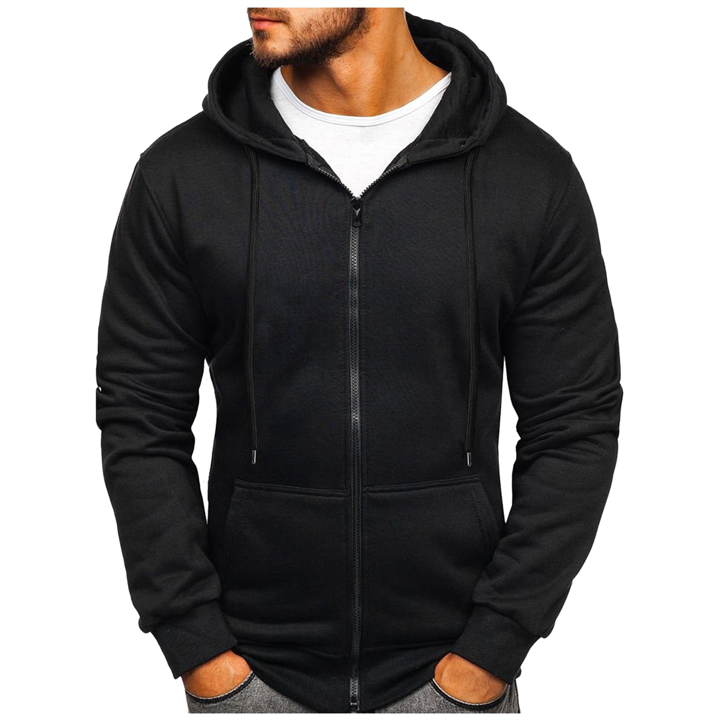 Men's Navy Blue Fleece Hoodie - Close-up of Zipper and Drawstrings