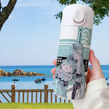 Official Hatsune Miku thermos, 420ML, stainless steel, angle view showing lid.