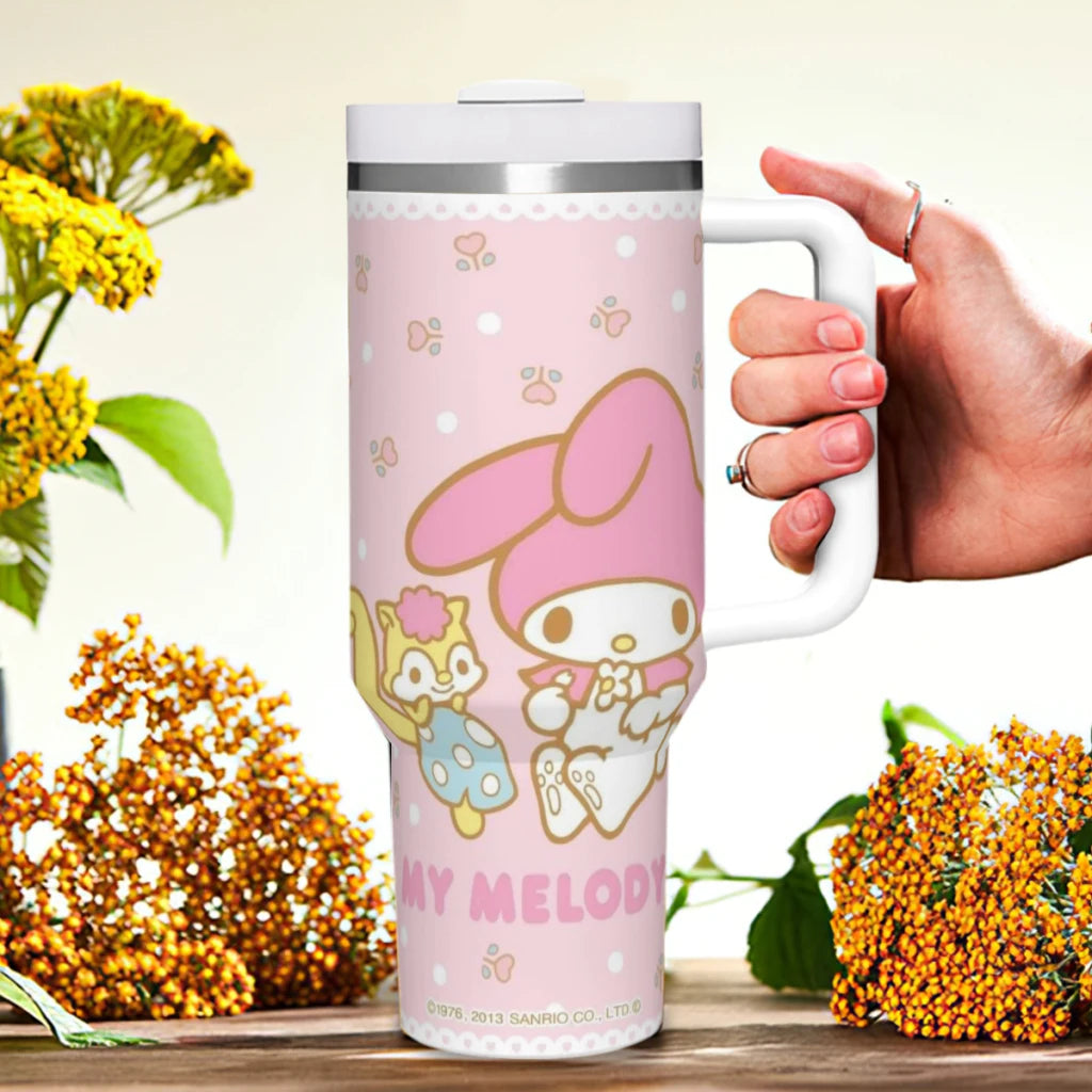 Sanrio Hello Kitty 40oz tumbler with straw and handle, insulated, stainless steel body.