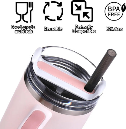 Black reusable straw for 40 oz Stanley tumbler, part of a 10-straw set with cleaning brush.