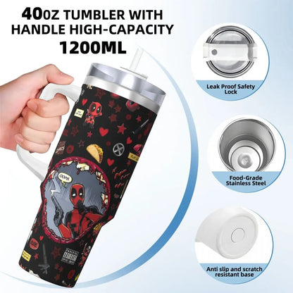 Here are 5 creative ALT text variations for child product images of a Deadpool stainless steel tumbler, building upon the parent product examples: