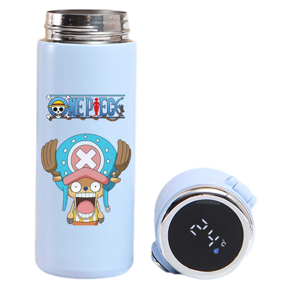 Thermos cup featuring Luffy, Uta, Yamato from One Piece, smart display.