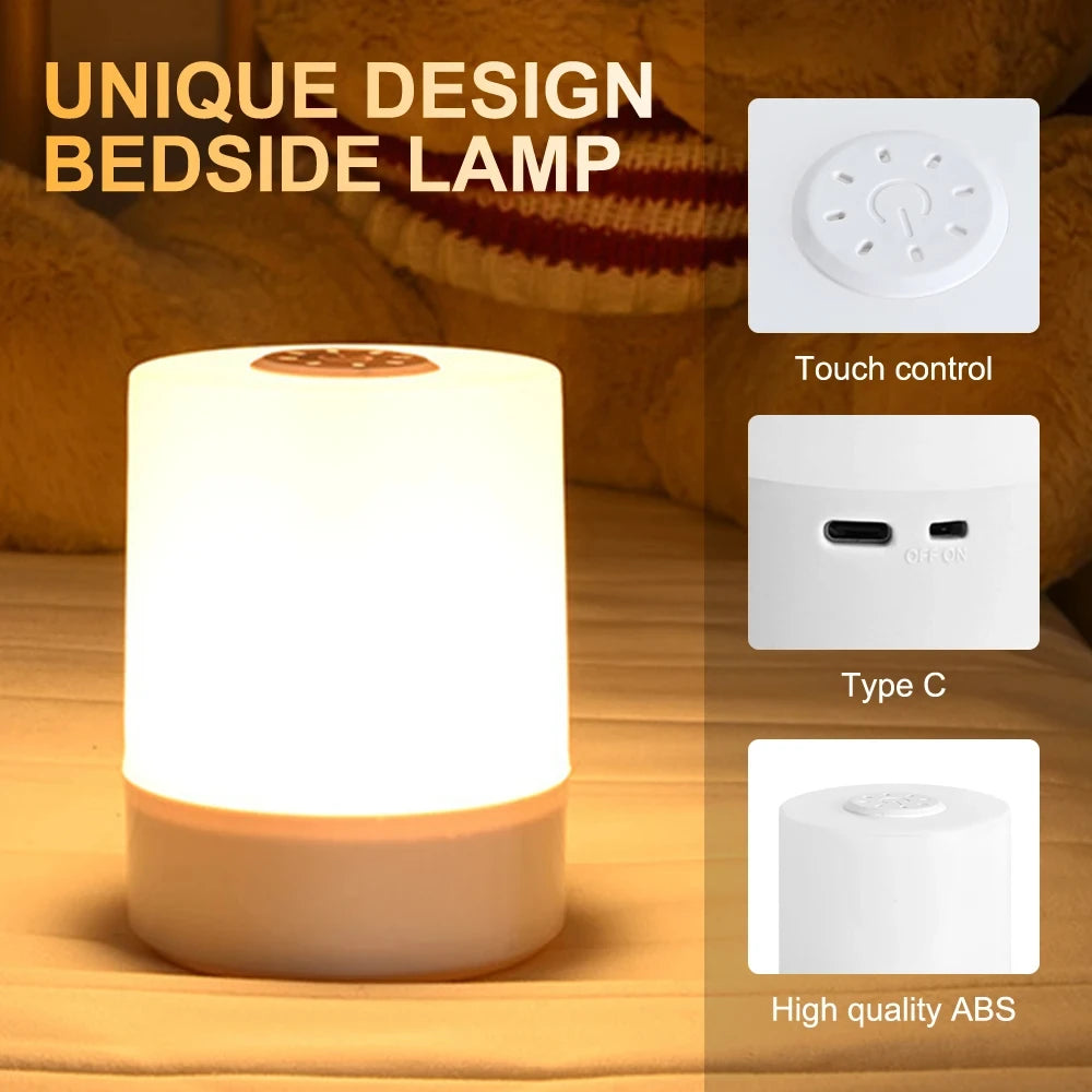 Bedside lamp, touch-activated, soft glow for romantic nights.