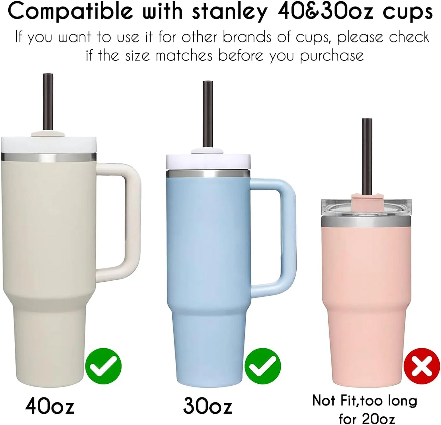 Black reusable straw for 40 oz Stanley tumbler, part of a 10-straw set with cleaning brush.