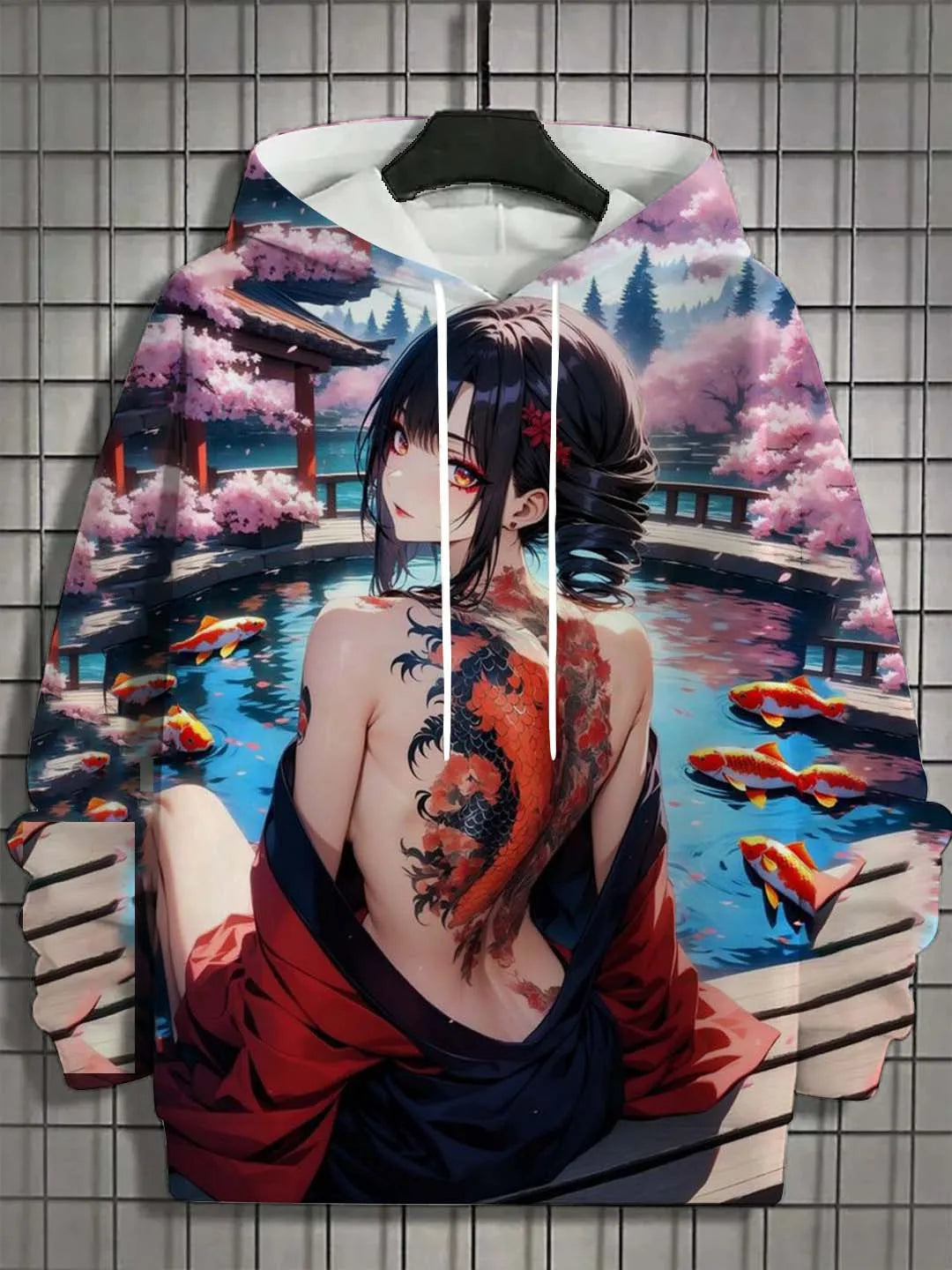 Casual men's hoodie, 3D printed, bad girl tattoo design, side profile.