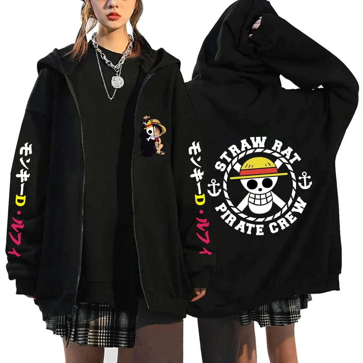 Black anime hoodie, back view, featuring Luffy and Zoro One Piece design.