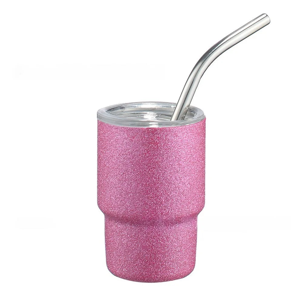 Purple glitter 3 oz tumbler, double-wall insulated stainless steel, straw included.