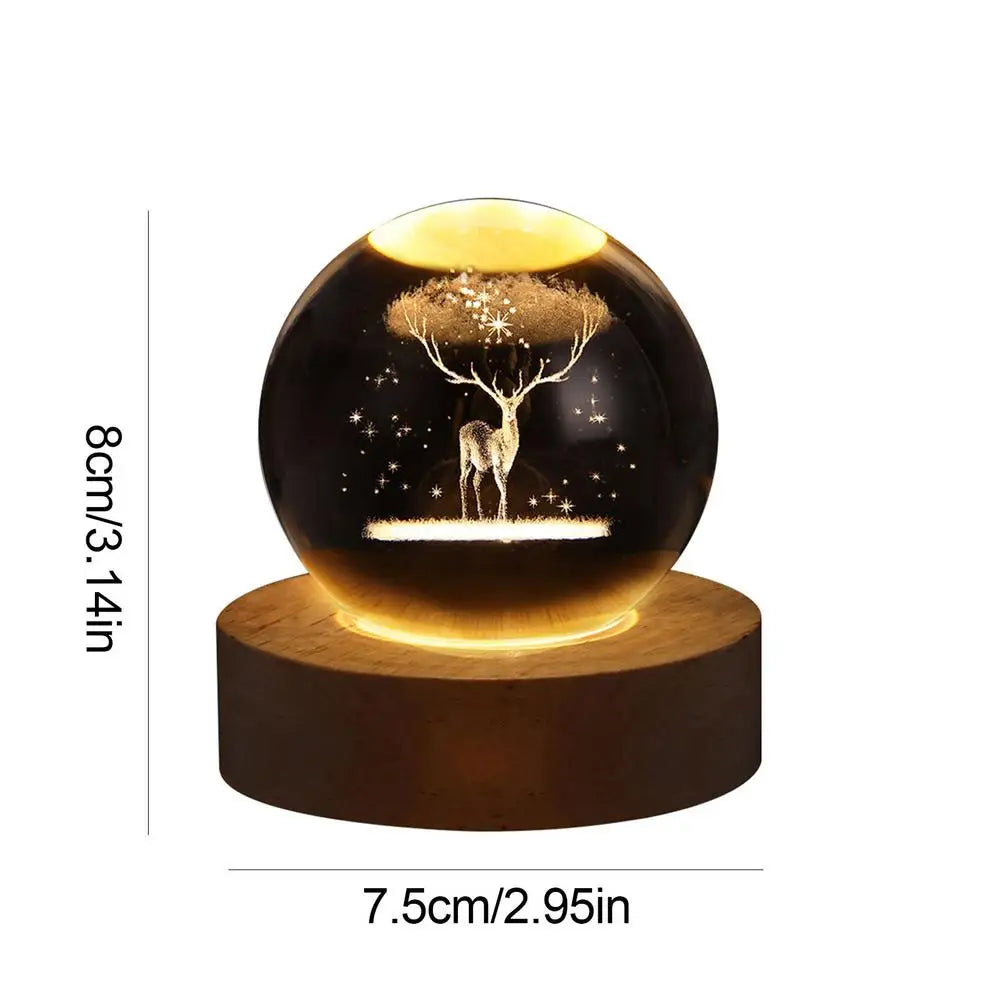 Moon Night Light, 3D Crystal Ball on Wooden Base, Ambient Lighting