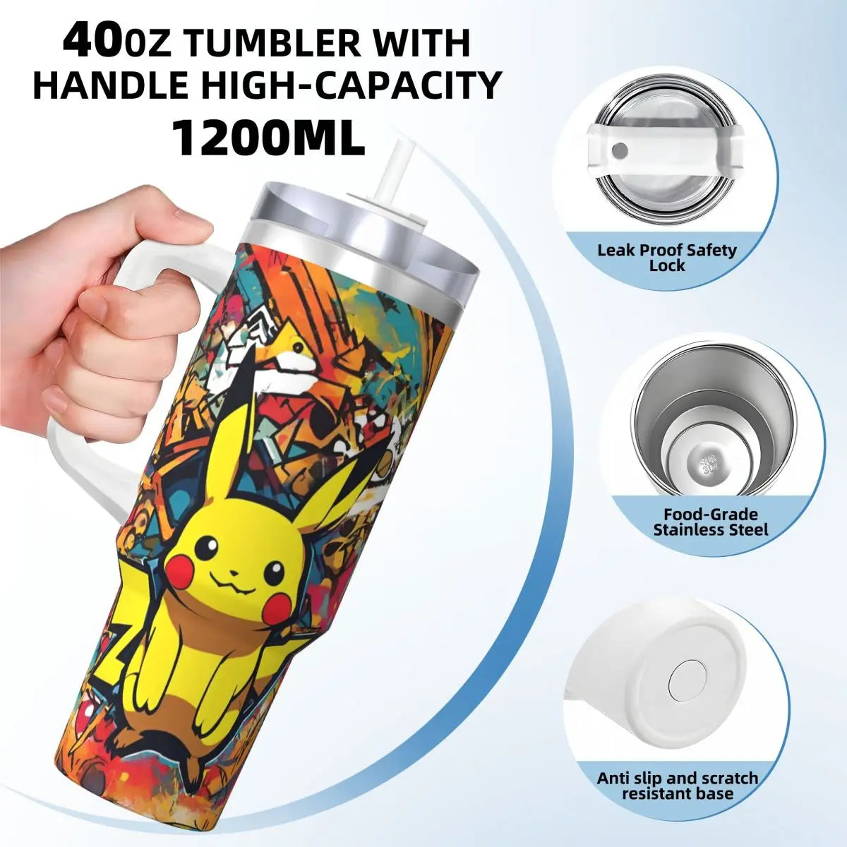 Close-up of Pikachu smiling on the Pokémon Stainless Steel Tumbler.The spill-proof lid and reusable straw are also visible. (Focuses on a specific character and highlights key features)