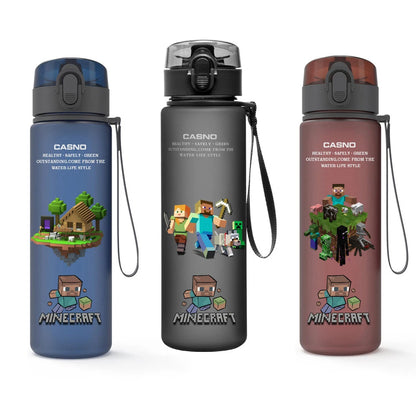 Official MINISO Minecraft 560ML water bottle with flip-top lid, featuring vibrant game-inspired artwork.