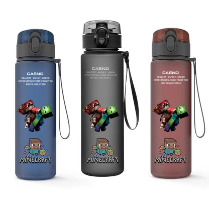 MINISO Minecraft water bottle, side view showing 560ML capacity.