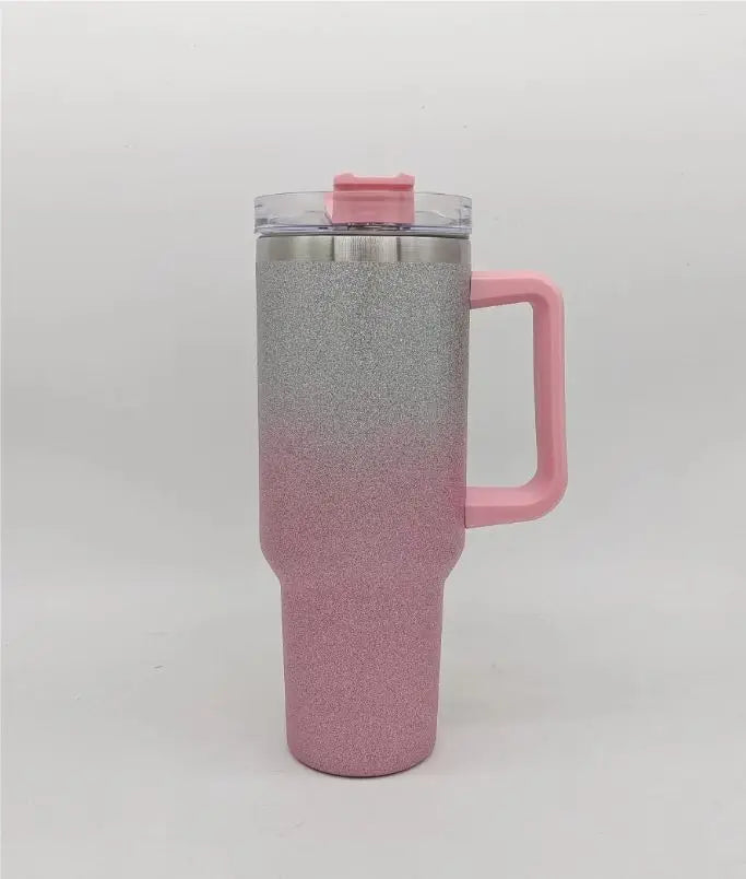 DUTRIEUX 40oz insulated tumbler, rainbow glitter, handle and straw, side view highlighting handle.