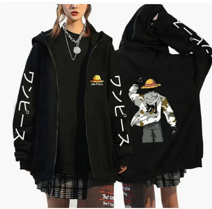 One Piece Hoodie: Luffy & Zoro Front Design. (Focuses on key characters and the view)