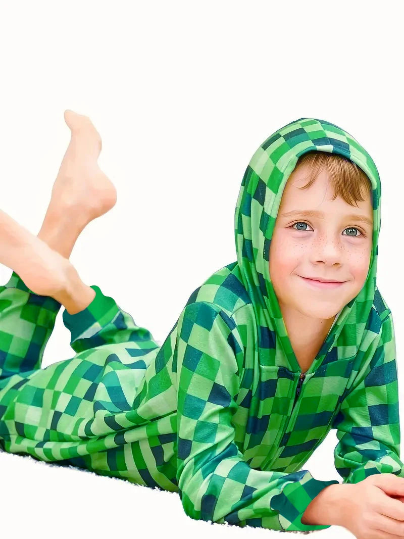 Minecraft Creeper costume for boys, featuring a green pixelated design